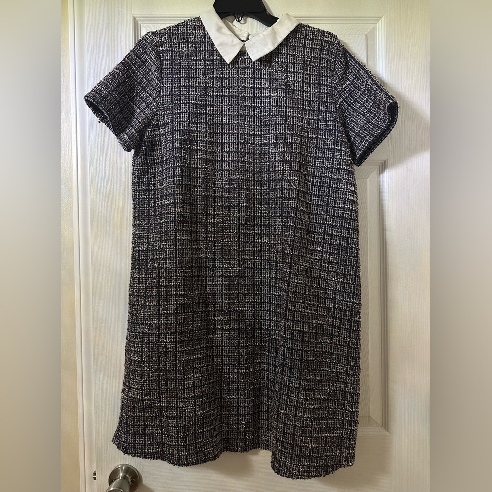 Zara Navy blue and purple tweed collared Checkered Midi Dress